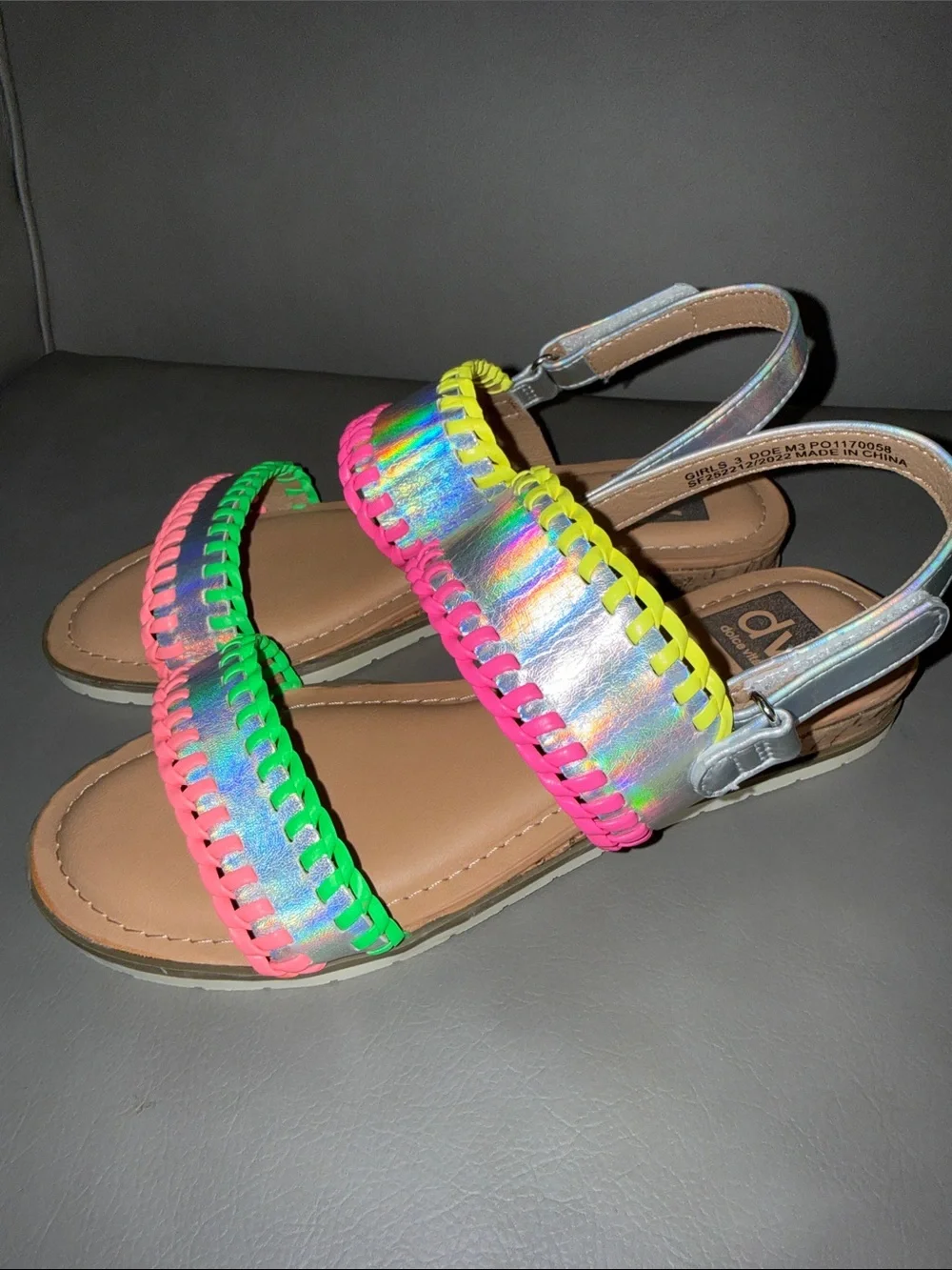 DV by Dolce Vita Girls Holographic Sandals with Neon Stitching